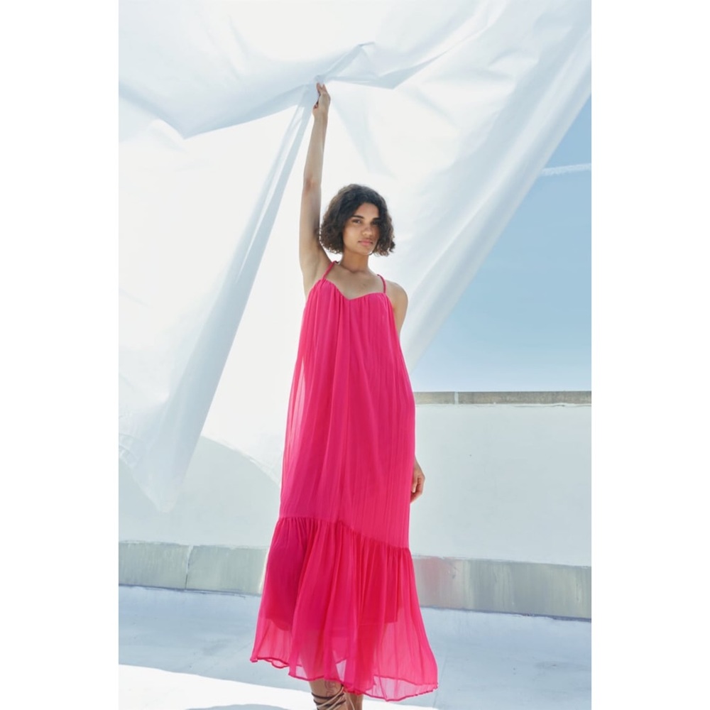 ZARA Fuchsia RIBBED DRESS VOLUMINOUS DRESS WITH BRAIDED STRAPS - Picture 7 of 16